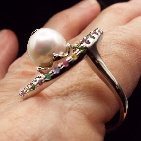 D'JOY "GALAXY" COLORFUL GEMSTONES CIRCLE W/ 9.5 MM NATURAL PEARL SZ. 11 RING 72 - Picture 4 of 6
